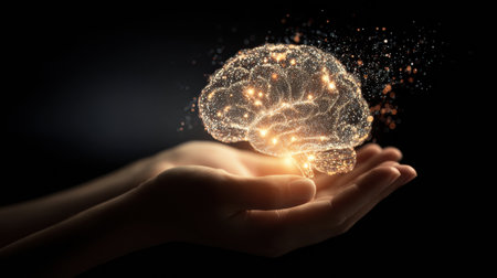 Hands support a luminous brain filled with dynamic light particles, embodying the essence of knowledge and innovation against a dark background.の素材