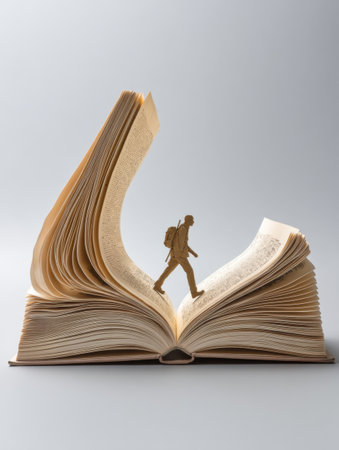 A human silhouette steps into the pages of a massive open book, symbolizing a journey into knowledge and imagination, with soft lighting enhancing the scene.の素材