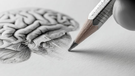 Detailed pencil sketch of a brain starts evolving into 3D form, showcasing depth while one side of the artwork remains empty for future enhancement.の素材