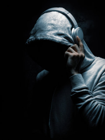 Individual engages in tech support call center fraud wearing a hoodie and headphones in a shadowy environment, showcasing a hidden identity.の素材