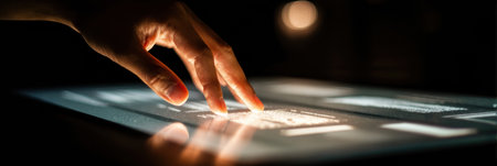 In a hotel lobby, a clean interactive touch panel emits a soft glow while a guest engages with the display for service options and information.の素材
