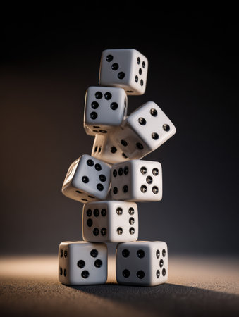 Stacked white dice glow in soft lighting, creating intrigue while the left margin remains blank.の素材