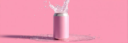 A beer can bursts open, creating a captivating splash at the center, showcased with a minimalist design on a vibrant pink background.の素材
