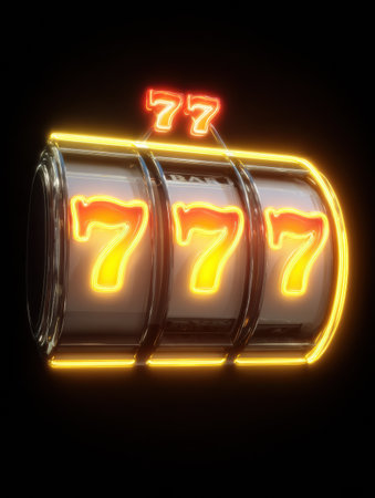 A glowing slot jackpot symbol displays three sevens, illuminated against a dark backdrop, suggesting high stakes and excitement in a casino atmosphere.の素材