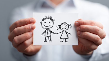 Person smiles while holding a childhood drawing of two joyful stick figures, evoking feelings of innocence and connection in a gentle ambianceの素材
