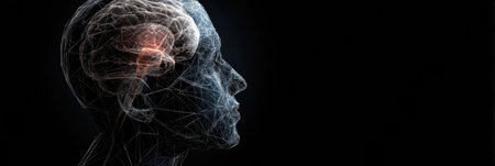 Wireframe representation of a human head emphasizes the brain region, set against an empty space, focusing on cognitive aspects.の素材