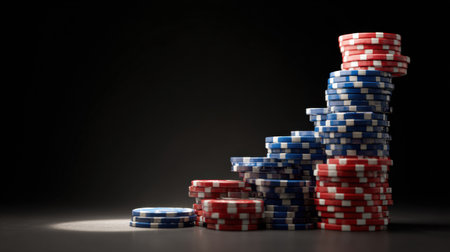 A tall stack of poker chips in red and blue colors is highlighted by a soft falling light, creating a dramatic effect on the left side of the composition.の素材