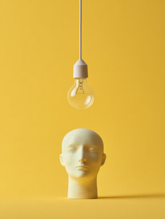 A lightbulb is suspended above a minimalistic bust head against a bright yellow backdrop, symbolizing creativity and inspiration in a modern art contextの素材