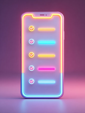 A vibrant smartphone shows an engaging self-improvement app interface featuring glowing checklists. The top section of the display is clear, enhancing focus.の素材