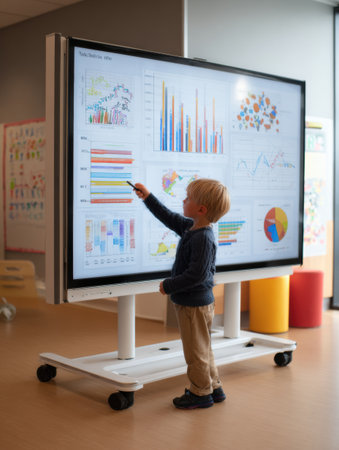 A child engages in a classroom activity, presenting a project on a smartboard filled with colorful educational charts and graphs while peers watch.の素材