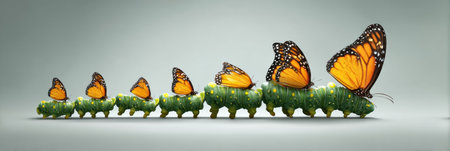 Symbolic representation of a caterpillar transforming into butterflies, illustrating a journey of metamorphosis against a clean backdrop.の素材