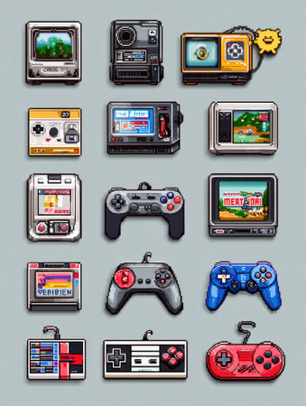 Collection of retro pixel art slot icons illustrating various vintage video game consoles and controllers in a colorful, nostalgic designの素材