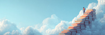 A student climbs a stairway crafted from books against a backdrop of fluffy clouds, representing the journey of education and personal achievement.の素材