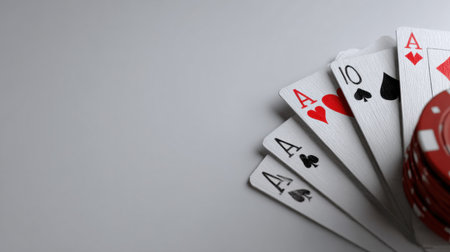 A folded poker hand displaying three aces and a ten, along with a stack of chips, set against a neutral background, hinting at strategy and tension in play.の素材