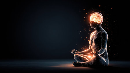 A person sits in a meditation pose, showing a glowing brain above their head, representing mindfulness and mental clarity in a tranquil space.の素材