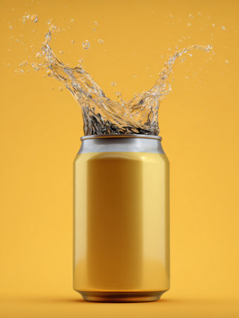 A clean design showcases a beer can being opened, creating a splash of liquid that rises from the top against a bright yellow backdrop.の素材