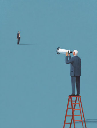 A character stands on a ladder, gazing through a telescope at their future self, embodying aspiration and the possibilities ahead in life.の素材
