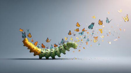 Caterpillar evolves into colorful butterflies, showcasing a powerful transformation journey in a spotless, serene setting with a soft lightの素材