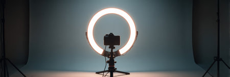 A well-organized influencer setup showcases a ring light and a blank backdrop, perfect for recording content with an emphasis on clarity and professionalism.の素材