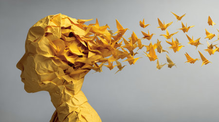 A head made of crumpled paper reveals origami birds flying out, representing the flow of thoughts, in a minimalist setting with a clear background.の素材