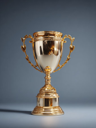 This golden trophy, featuring card suits, shines on a podium against a clear backdrop, showing its intricate design.の素材