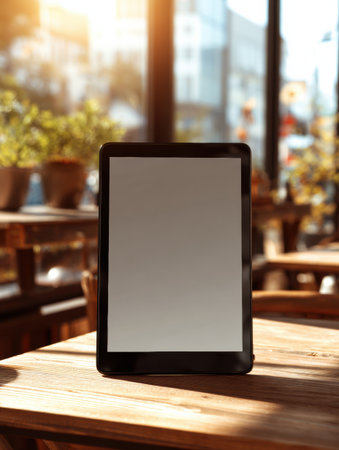 Tablet placed on a cafe table reflects soft natural light, showing its clean upper display third, perfect for presentations or browsing.の素材