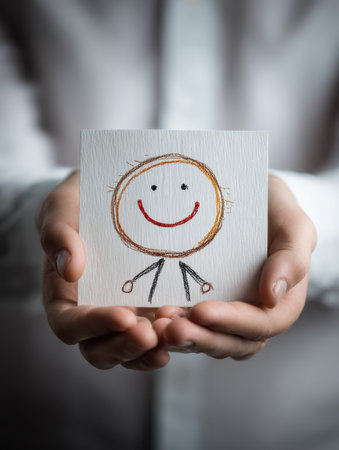 An adult beams with joy while holding a childhood drawing of a smiling stick figure, embracing a moment of nostalgia on a soft, glowing background.の素材