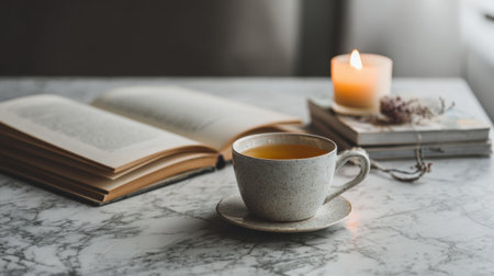 A peaceful desk setting features a cup of tea, an open book, and a softly glowing candle, creating a tranquil atmosphere perfect for relaxation.の素材
