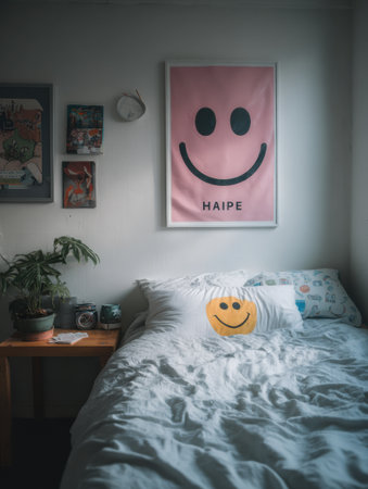 Bright motivational wall art featuring a smiling face adds a cheerful touch to a tidy student dorm room filled with personal decor and greeneryの素材