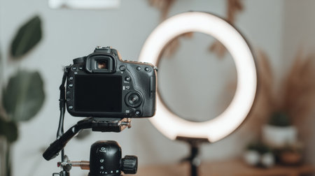 Setup features a camera focused on a blank screen, illuminated by a ring light, perfect for content creation in a well-lit environment.の素材