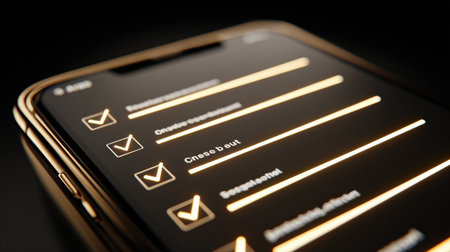 Glowing checklists on a mobile app for self-improvement showcase organized tasks and progress on a dark interface.の素材