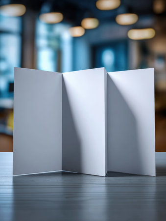 A folded brochure mockup is placed on a desk in a contemporary workspace, allowing ample space for branding and design elements above the brochure.の素材