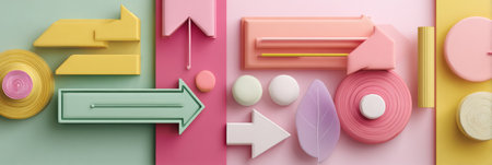 Bright and colorful vision board focuses on career path arrows, inspiring creativity and empowerment in a modern workspace setting designed for growth.の素材