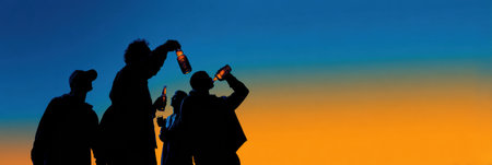 Silhouetted figures raise their bottles in celebration against a stunning gradient sky at dusk, capturing a moment of joy and camaraderie.の素材