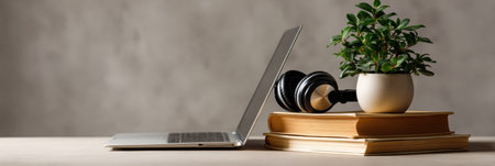 This workspace showcases a laptop alongside headphones and books, complemented by a small plant, reflecting modern remote education in a minimalist setting.の素材