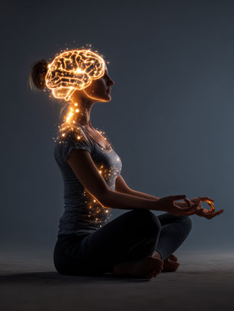 Mindfulness practice is depicted with an individual in a meditation pose, showing a glowing brain that represents clarity and awareness in a serene setting.の素材