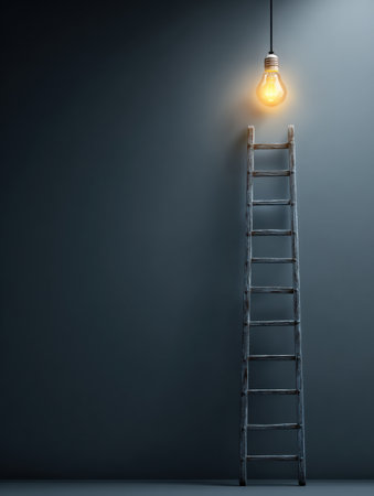A wooden ladder leans against the wall, reaching toward a glowing light bulb, symbolizing the pursuit of new ideas in a dark, minimalistic space.の素材