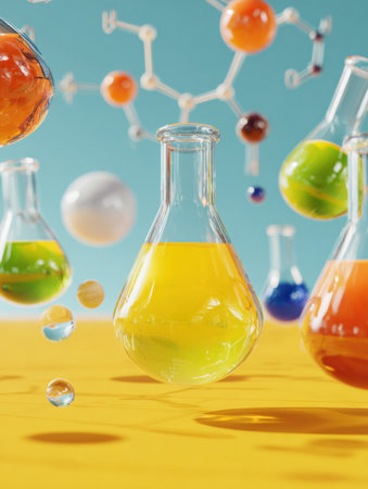 Vibrant flasks with various colored liquids float in a virtual chemistry lab, surrounded by molecular formulas against a bright background.の素材