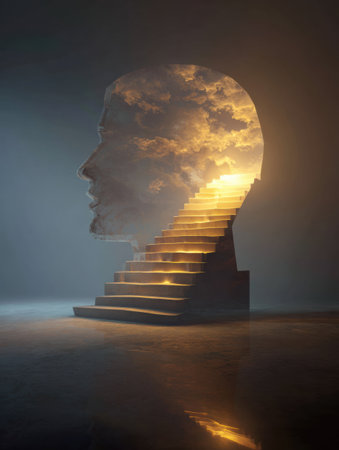 A glowing staircase ascends from within a transparent head against a backdrop of stunning clouds, evoking a sense of upward journey and reflection.の素材