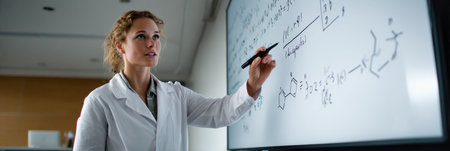 A teacher actively explains a scientific formula on a digital whiteboard in a modern classroom, engaging students with her clear presentation style.の素材