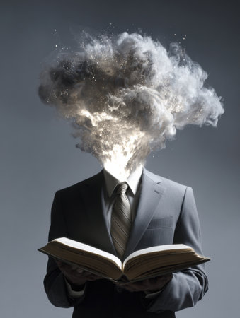 In a bright environment, a student opens their head like a book, releasing a cloud of creativity and wisdom, symbolizing the power of knowledge.の素材