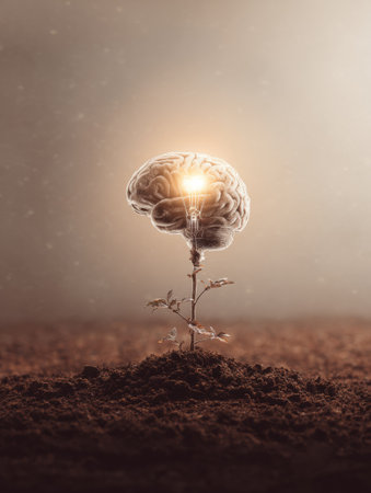 A unique light bulb emerges from brain-shaped soil, symbolizing creativity and growth, with a warm and open atmosphere enhancing the experience.の素材