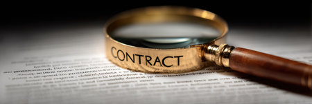 A magnifying glass focuses on small text of a contract where hidden clauses may be present, emphasizing the importance of careful review of agreements.の素材