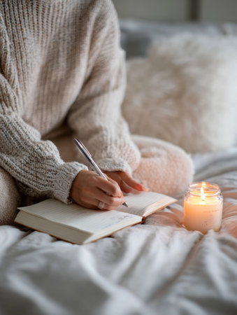 A motivated young adult journals goals by a flickering candle, creating a serene space for reflection and personal growth.の素材