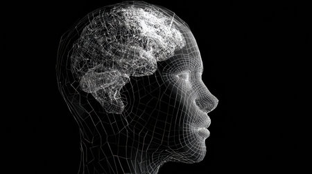 A wireframe representation of a human head showcasing a highlighted brain region, designed to illustrate neurological aspects in a minimalistic style.の素材