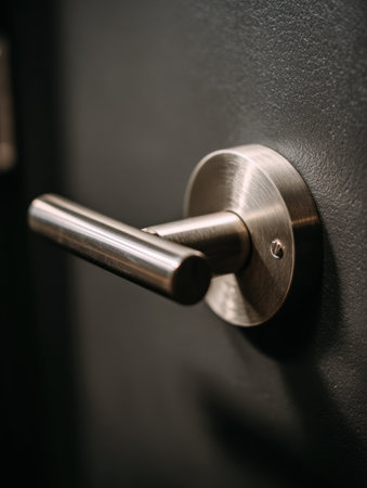 Close-up view of a slot lever handle mounted on a black door. The soft-focus highlights the sleek design and metallic texture under subtle lighting.の素材