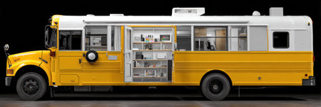 Converted school bus as a mobile tech classroom, showcasing educational tools, with the side door open for easy access.の素材