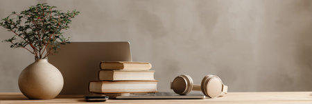 A well-organized remote education workspace includes a laptop, headphones, stacked books, and a small plant on a minimalist wooden desk.の素材