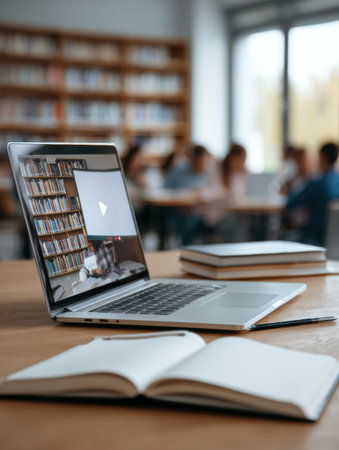 A laptop shows an educational video paused while a notebook lies open on the table, indicating active learning in a study space with fellow students.の素材