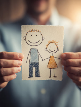 An adult holds a childhood drawing of a happy parent and child, smiling with warmth in a softly lit space, evoking nostalgia and tenderness.の素材
